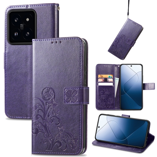 

For Xiaomi 14 Four-leaf Clasp Embossed Leather Phone Case(Purple)