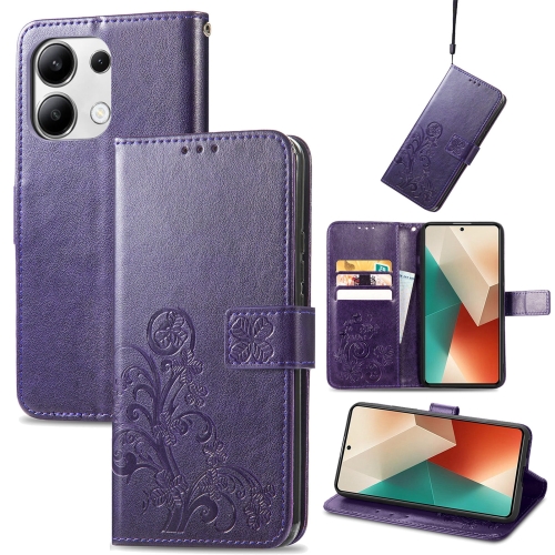 

For Xiaomi Redmi Note 13 4G Four-leaf Clasp Embossed Leather Phone Case(Purple)