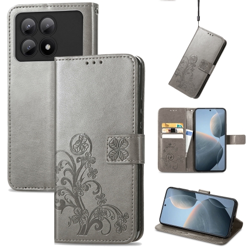 

For Xiaomi Redmi K70E Four-leaf Clasp Embossed Leather Phone Case(Gray)