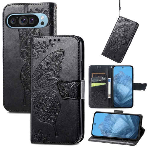 

For Google Pixel 9 Butterfly Love Flower Embossed Leather Phone Case(Black)