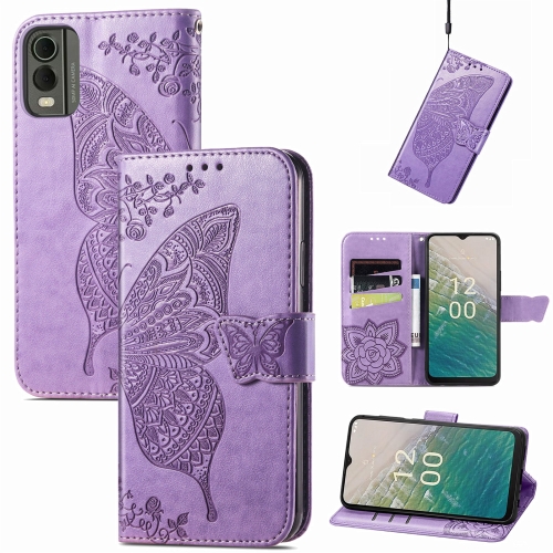 

For Nokia C32 Butterfly Love Flower Embossed Leather Phone Case(Lavender)