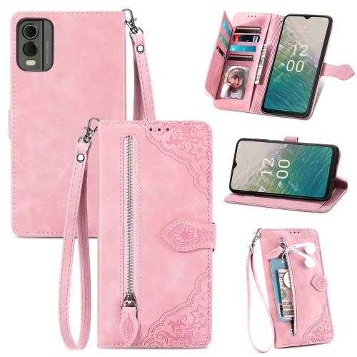 

For Nokia C32 Embossed Flower Zipper Leather Phone Case(Rose Gold)
