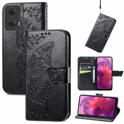 

For Motorola Moto G24 Butterfly Love Flower Embossed Leather Phone Case(Black)