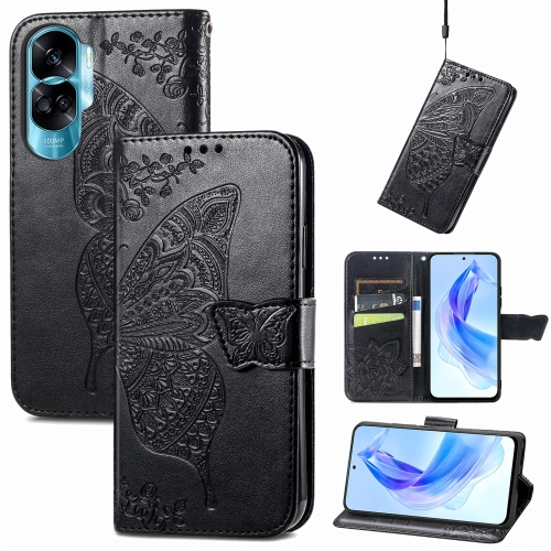 

For Honor 90 Lite Butterfly Love Flower Embossed Leather Phone Case(Black)