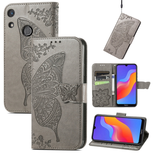 

For Honor 8A Butterfly Love Flower Embossed Leather Phone Case(Gray)