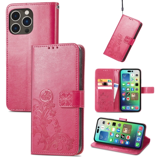 

For iPhone 15 Pro Four-leaf Clasp Embossed Buckle Leather Phone Case(Magengta)