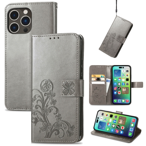

For iPhone 15 Pro Four-leaf Clasp Embossed Buckle Leather Phone Case(Gray)