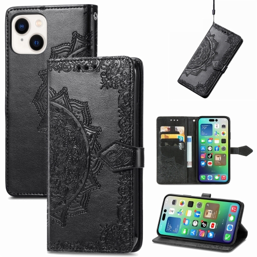 

For iPhone 15 Mandala Flower Embossed Leather Phone Case(Black)