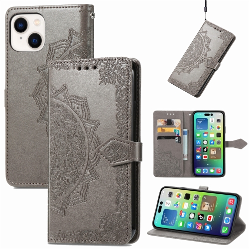 

For iPhone 15 Mandala Flower Embossed Leather Phone Case(Gray)