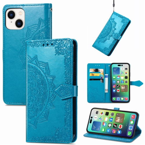 

For iPhone 15 Plus Mandala Flower Embossed Leather Phone Case(Blue)
