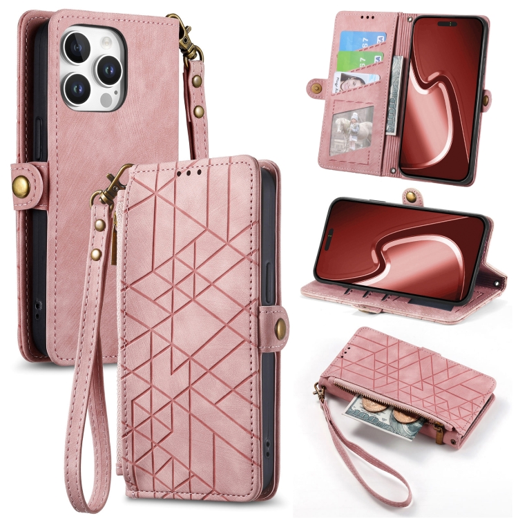 For iPhone 16 Pro Geometric Zipper Wallet Side Buckle Leather Phone Case(Pink)
For iPhone 16 Pro Geometric Zipper Wallet Side Buckle Leather Phone Case(Pink)