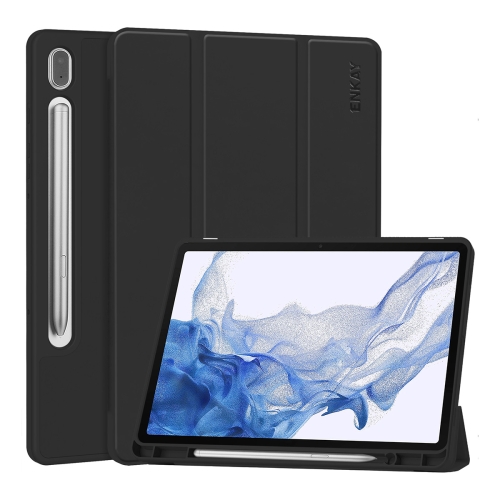 

For Samsung Galaxy Tab S9 ENKAY Tri-fold Custer Leather TPU Bottom Smart Case with Pen Slot(Black)