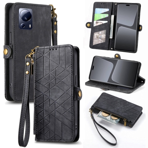 

For Xiaomi 13 Lite Geometric Zipper Wallet Side Buckle Leather Phone Case(Black)