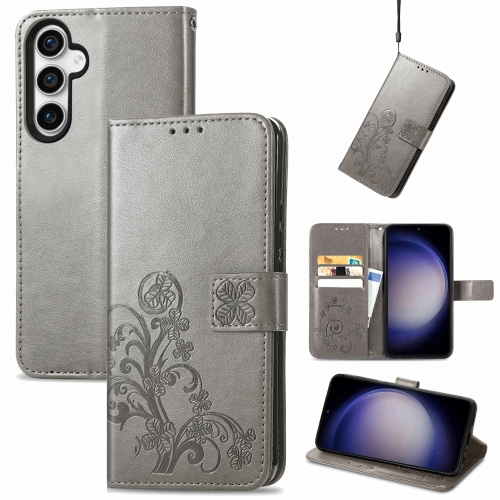 

For Samsung Galaxy S23 FE 5G Four-leaf Clasp Embossed Buckle Leather Phone Case(Gray)