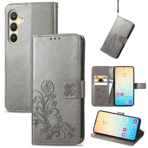 

For Samsung Galaxy S24 5G Four-leaf Clasp Embossed Buckle Leather Phone Case(Gray)