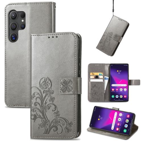 

For Samsung Galaxy S24 Ultra 5G Four-leaf Clasp Embossed Buckle Leather Phone Case(Gray)