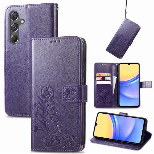 

For Samsung Galaxy A15 Four-leaf Clasp Embossed Buckle Leather Phone Case(Purple)