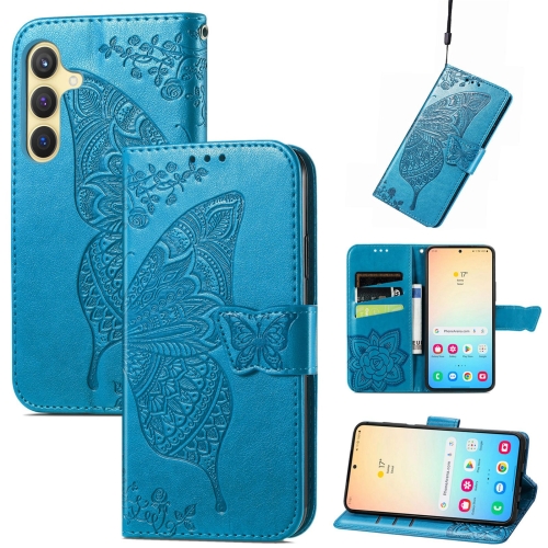 

For Samsung Galaxy A25 5G Butterfly Love Flower Embossed Leather Phone Case(Blue)