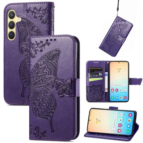 

For Samsung Galaxy A25 5G Butterfly Love Flower Embossed Leather Phone Case(Dark Purple)