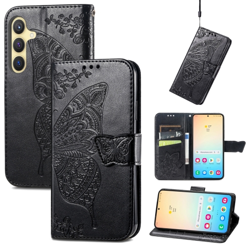 

For Samsung Galaxy S24 5G Butterfly Love Flower Embossed Leather Phone Case(Black)