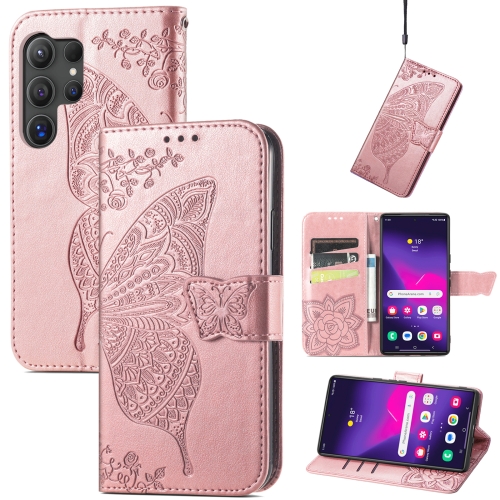 

For Samsung Galaxy S24 Ultra 5G Butterfly Love Flower Embossed Leather Phone Case(Rose Gold)