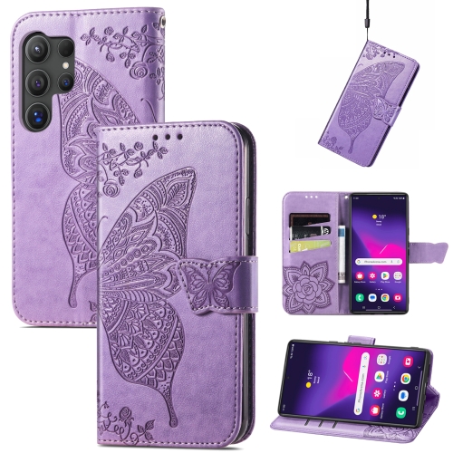 

For Samsung Galaxy S24 Ultra 5G Butterfly Love Flower Embossed Leather Phone Case(Light Purple)