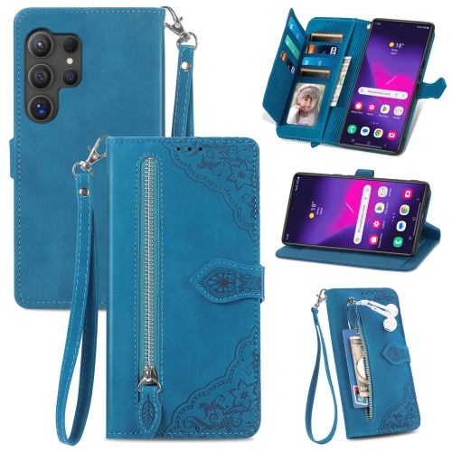 

For Samsung Galaxy S24 Ultra 5G Embossed Flower Zipper Leather Phone Case(Blue)