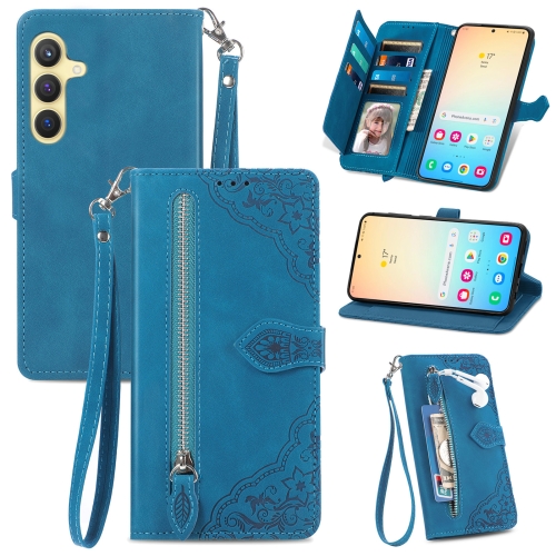 

For Samsung Galaxy S24+ 5G Embossed Flower Zipper Leather Phone Case(Blue)