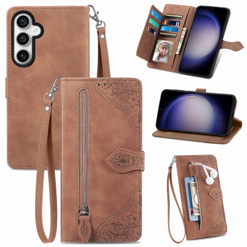 

For Samsung Galaxy S23 FE 5G Embossed Flower Zipper Leather Phone Case(Brown)