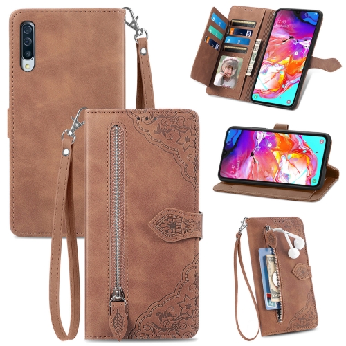 

For Samsung Galaxy A70 Embossed Flower Zipper Leather Phone Case(Brown)