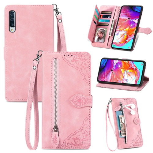 

For Samsung Galaxy A70 Embossed Flower Zipper Leather Phone Case(Pink)