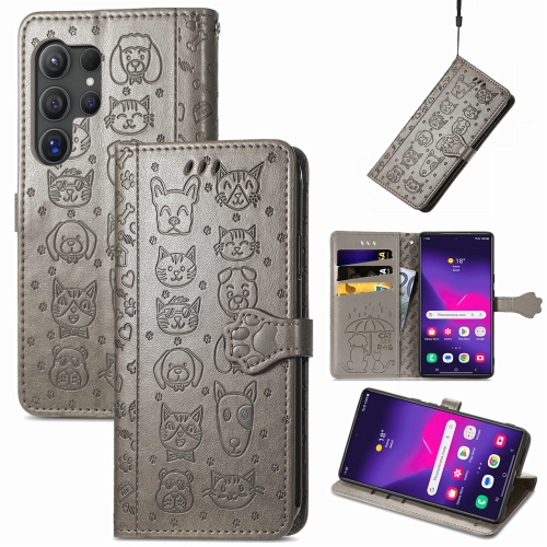 

For Samsung Galaxy S24 Ultra 5G Cat and Dog Embossed Leather Phone Case(Gray)