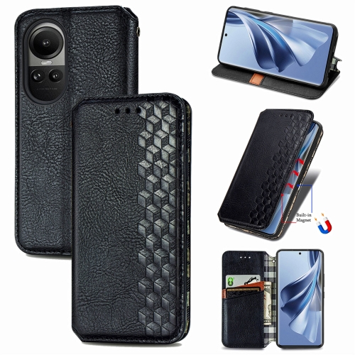 

For OPPO Reno10 Global / 10 Pro Global Cubic Grid Pressed Magnetic Leather Phone Case(Black)
