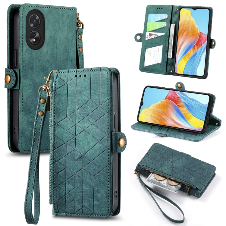 For OPPO A38 Geometric Zipper Wallet Side Buckle Leather Phone Case(Green) 
For OPPO A38 Geometric Zipper Wallet Side Buckle Leather Phone Case(Green)