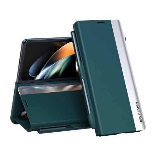 

For Samsung Galaxy Z Fold 5 5G Side Electroplating Adsorption Ultra-thin Leather Phone Case with Pen(Green)