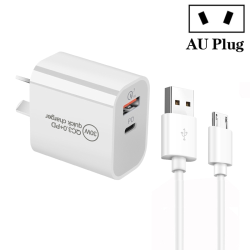 

PD30W USB-C / Type-C + QC3.0 USB Dual Port Charger with 1m USB to Micro USB Data Cable, AU Plug