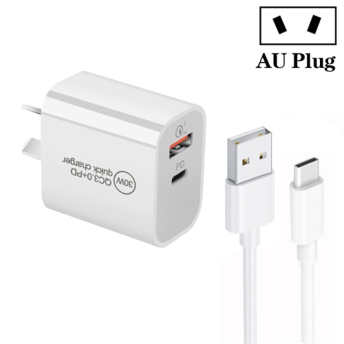 

PD30W USB-C / Type-C + QC3.0 USB Dual Port Charger with 1m USB to Type-C Data Cable, AU Plug
