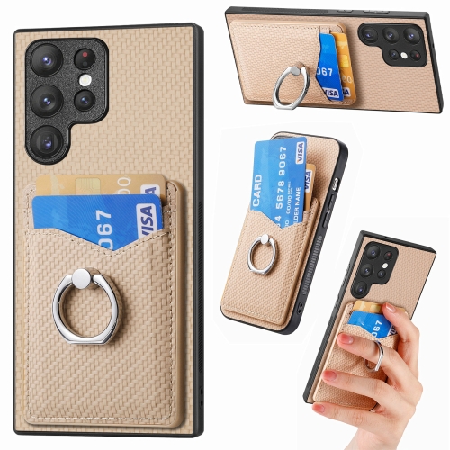 

For Samsung Galaxy S23 Ultra 5G Carbon Fiber Card Wallet Folding Ring Holder Phone Case(Khaki)