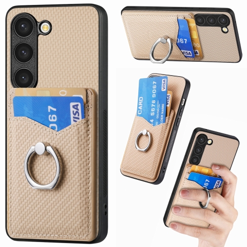 

For Samsung Galaxy S23 5G Carbon Fiber Card Wallet Folding Ring Holder Phone Case(Khaki)