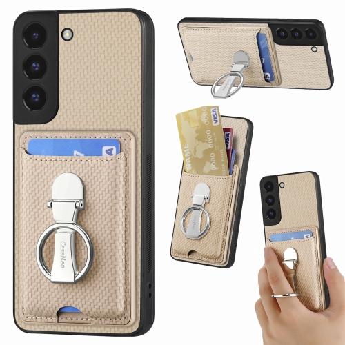 

For Samsung Galaxy S22+ 5G Carbon Fiber Card Wallet Folding Ring Holder Phone Case(Khaki)