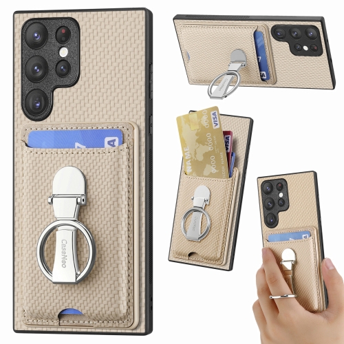 

For Samsung Galaxy S22 Ultra 5G Carbon Fiber Card Wallet Folding Ring Holder Phone Case(Khaki)