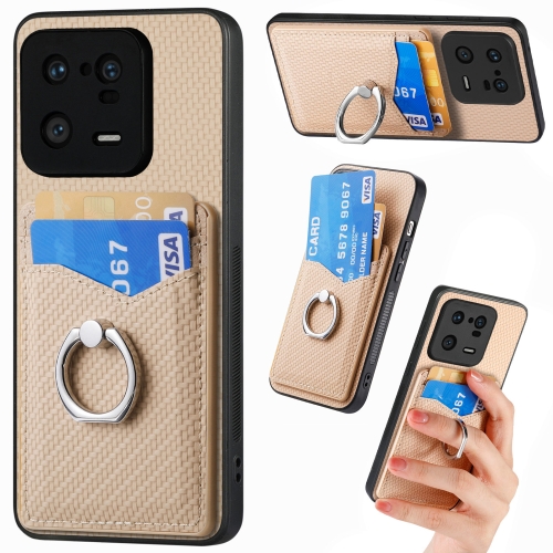 

For Xiaomi 13 Pro Carbon Fiber Card Wallet Ring Holder Phone Case(Khaki)