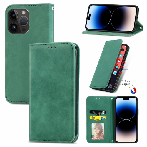

For iPhone 14 Pro Max Retro Skin Feel Magnetic Flip Leather Phone Case(Green)