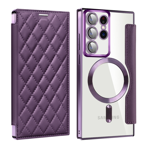 

For Samsung Galaxy S22 Ultra 5G Shield Magsafe RFID Anti-theft Rhombus Leather Phone Case(Purple)