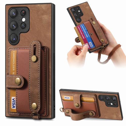 

For Samsung Galaxy S22 Ultra 5G Retro Cross Wristband Wallet Leather Back Phone Case(Brown)
