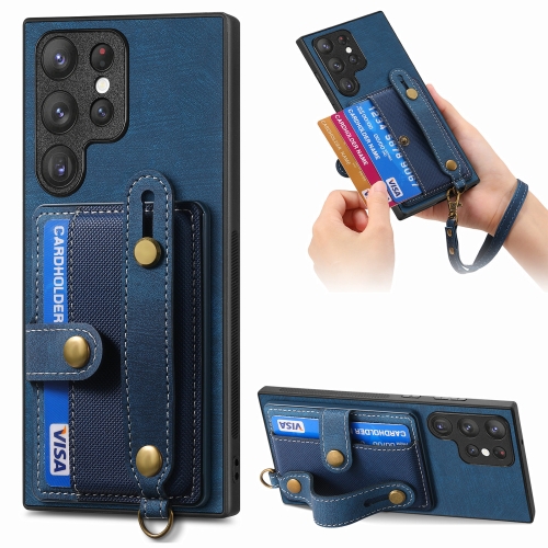 

For Samsung Galaxy S23 Ultra 5G Retro Cross Wristband Wallet Leather Back Phone Case(Blue)