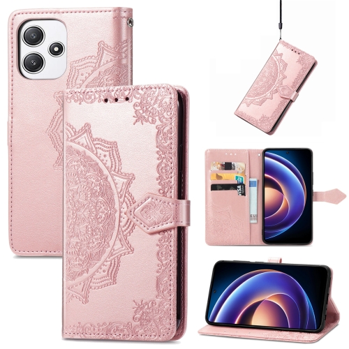 

For Redmi Note 12R Mandala Flower Embossed Leather Phone Case(Rose Gold)