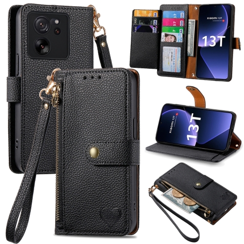 

For Xiaomi 13T Love Zipper Lanyard Leather Phone Case(Black)