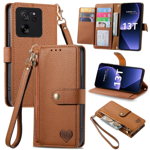 

For Xiaomi 13T Love Zipper Lanyard Leather Phone Case(Brown)