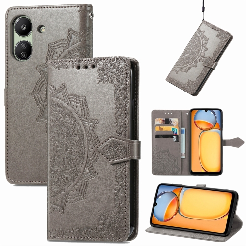 

For Xiaomi Redmi 13C 5G Mandala Flower Embossed Leather Phone Case(Grey)